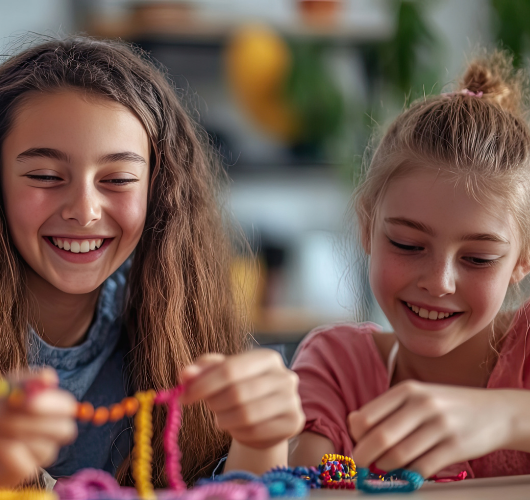 Young girls working on friendship bracelets smiling
