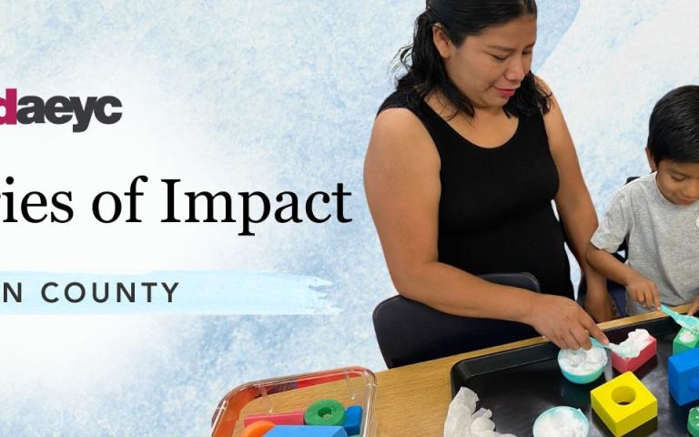 A woman and a young boy engage in a hands-on activity with foam blocks at a table in a colorful classroom setting. Graphic text on the left reads, "ELC Stories of Impact" inside a blue watercolor circle.