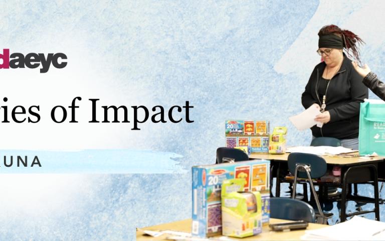 Idaho AEYC ‘ELC Stories of Impact’ graphic featuring Kuna, with educators gathered around a table during a READY! for Kindergarten workshop surrounded by early learning materials and resources.