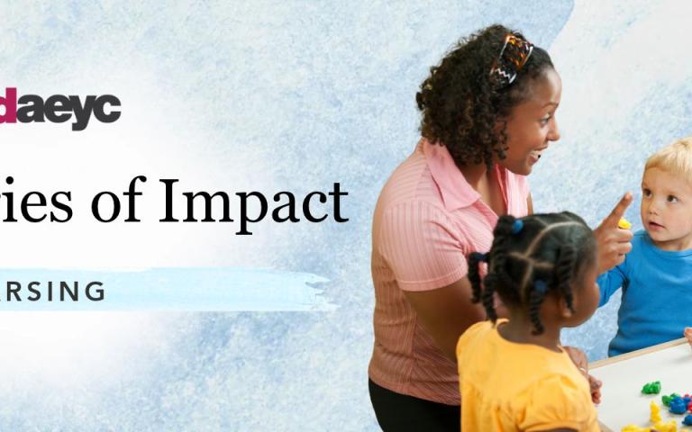 Banner graphic for Idaho AEYC’s ELC Stories of Impact series, featuring the Marsing community and an early childhood educator interacting with young children at a table.