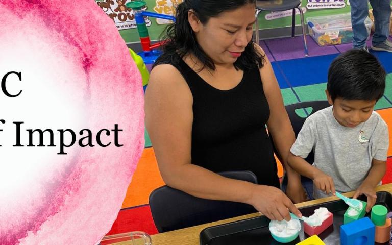 A woman and a young boy engage in a hands-on activity with foam blocks at a table in a colorful classroom setting. Graphic text on the left reads, "ELC Stories of Impact" inside a pink watercolor circle.