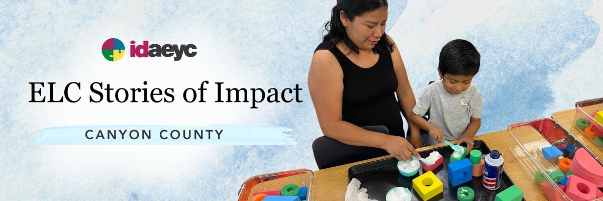 A woman and a young boy engage in a hands-on activity with foam blocks at a table in a colorful classroom setting. Graphic text on the left reads, "ELC Stories of Impact" inside a blue watercolor circle.