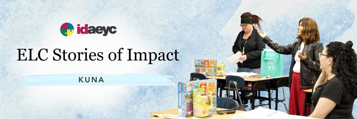 Idaho AEYC ‘ELC Stories of Impact’ graphic featuring Kuna, with educators gathered around a table during a READY! for Kindergarten workshop surrounded by early learning materials and resources.